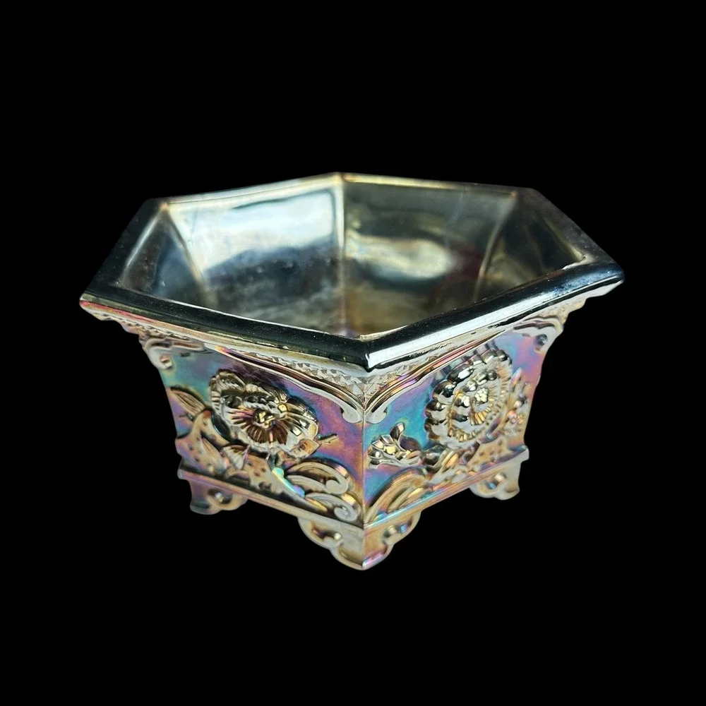 Fenton Carnival Glass Planter Hexagon Silver Iridescent Floral Bowl 7.5in Repair
